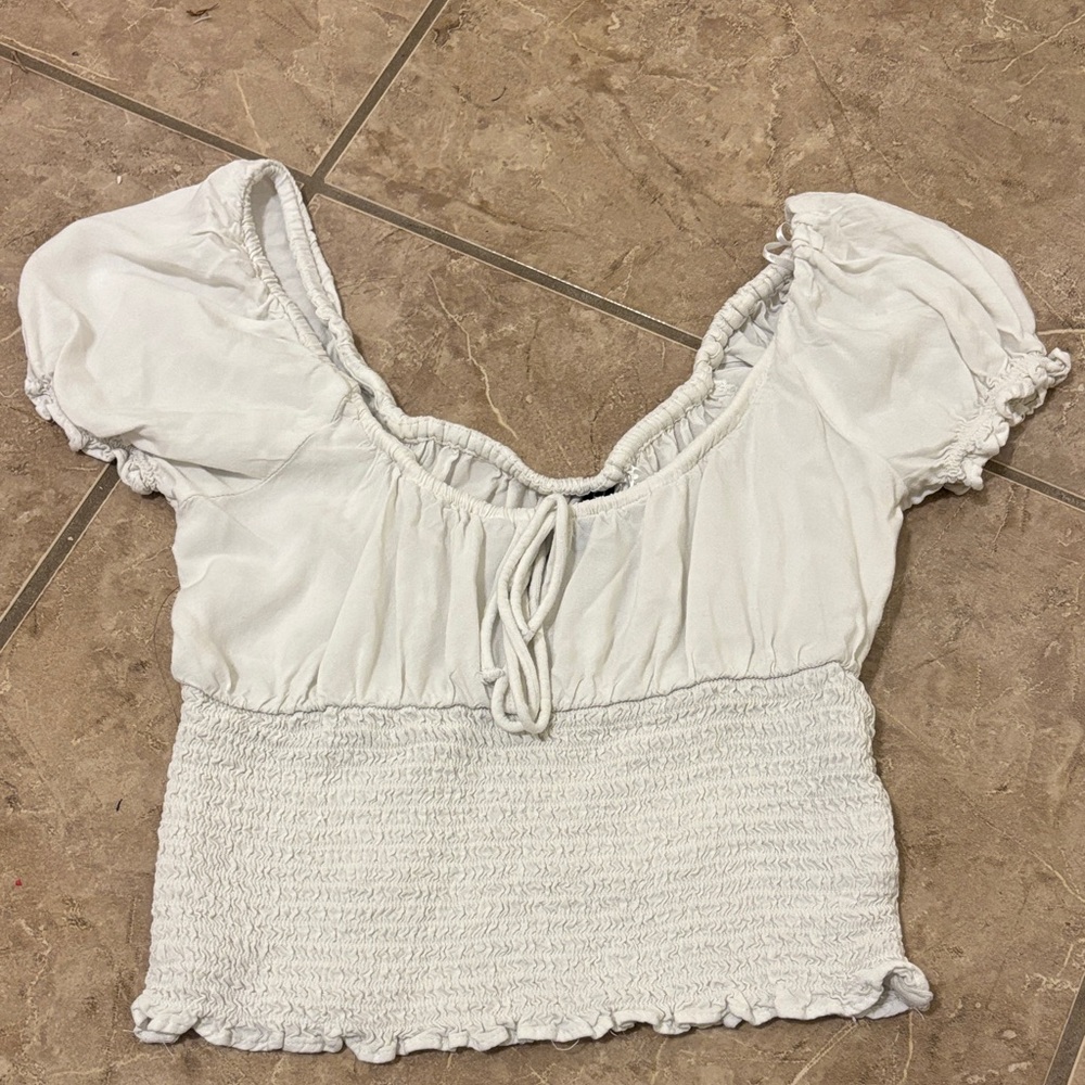 Divided White Smocked Crop Top with Puff Sleeves